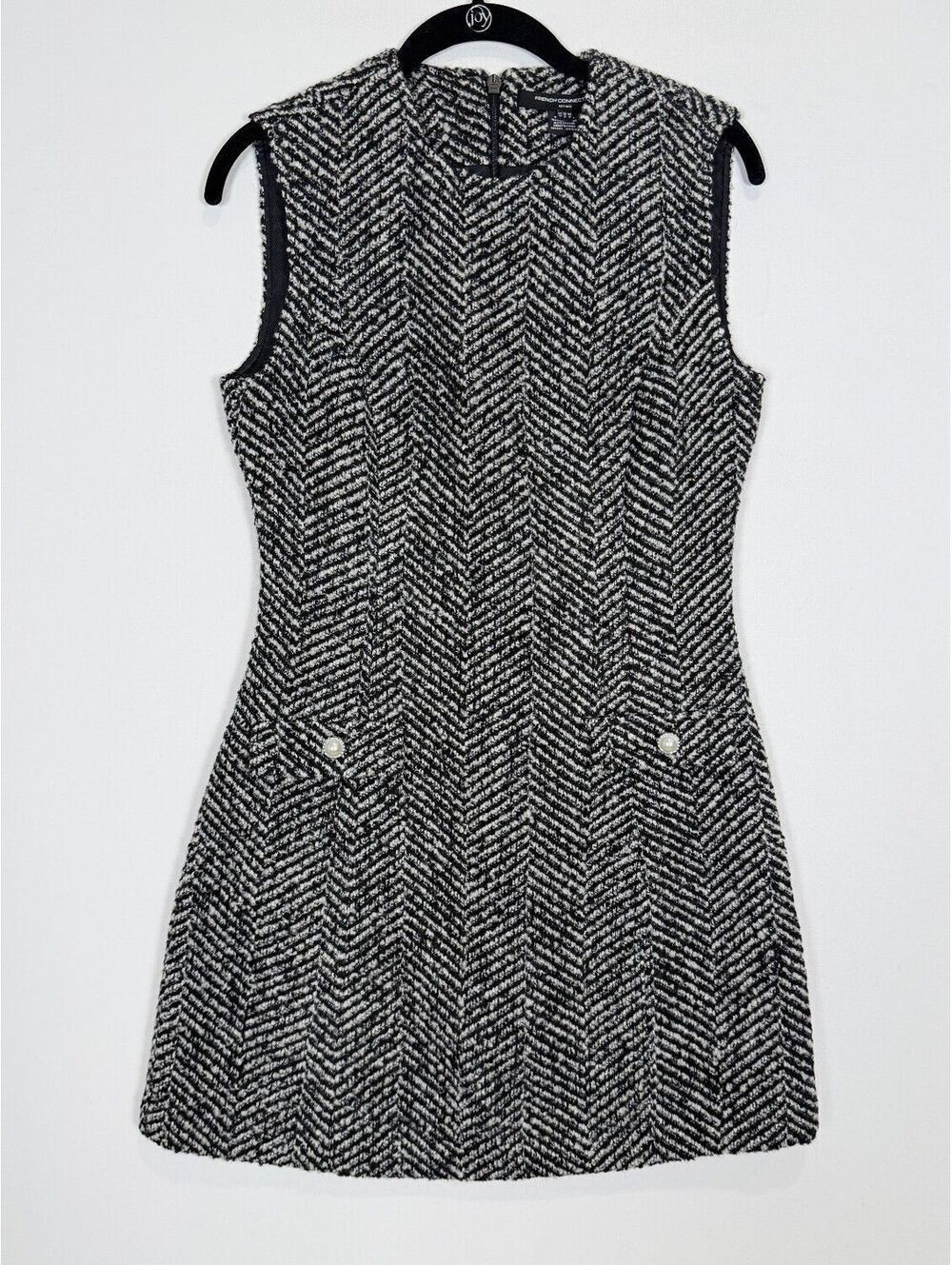 French Connection Chantelle Herringbone Tweed Mini Dress Black White Size 6 NWT